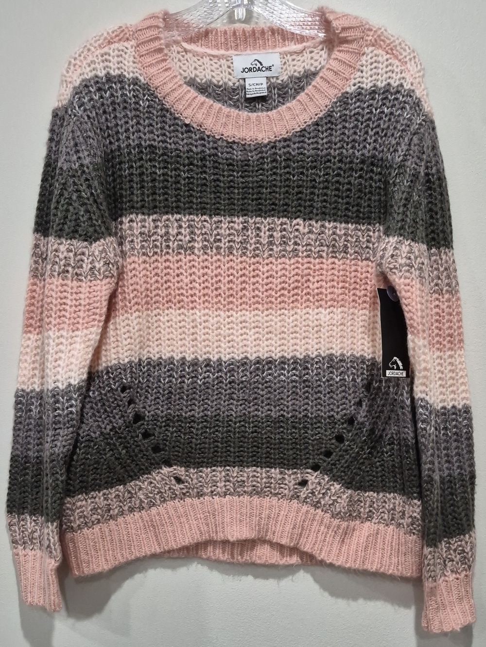 Jordache High-Low Open-Knit Striped Crewneck Sweater Pink & Grey Size S/P